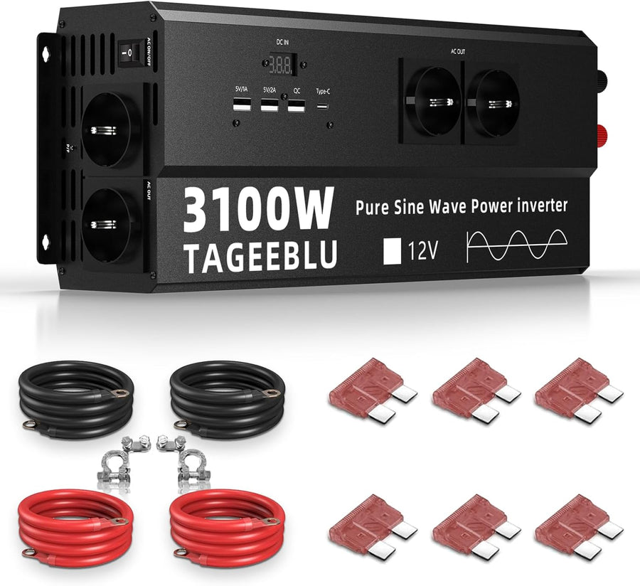 3100W Pur Sinus convertisseur 12v 220v, transformateur 12v 220v avec écran LCD, 4 Prise UE, Type C 30W, Charge Rapide USB 25W, 3 Ports USB