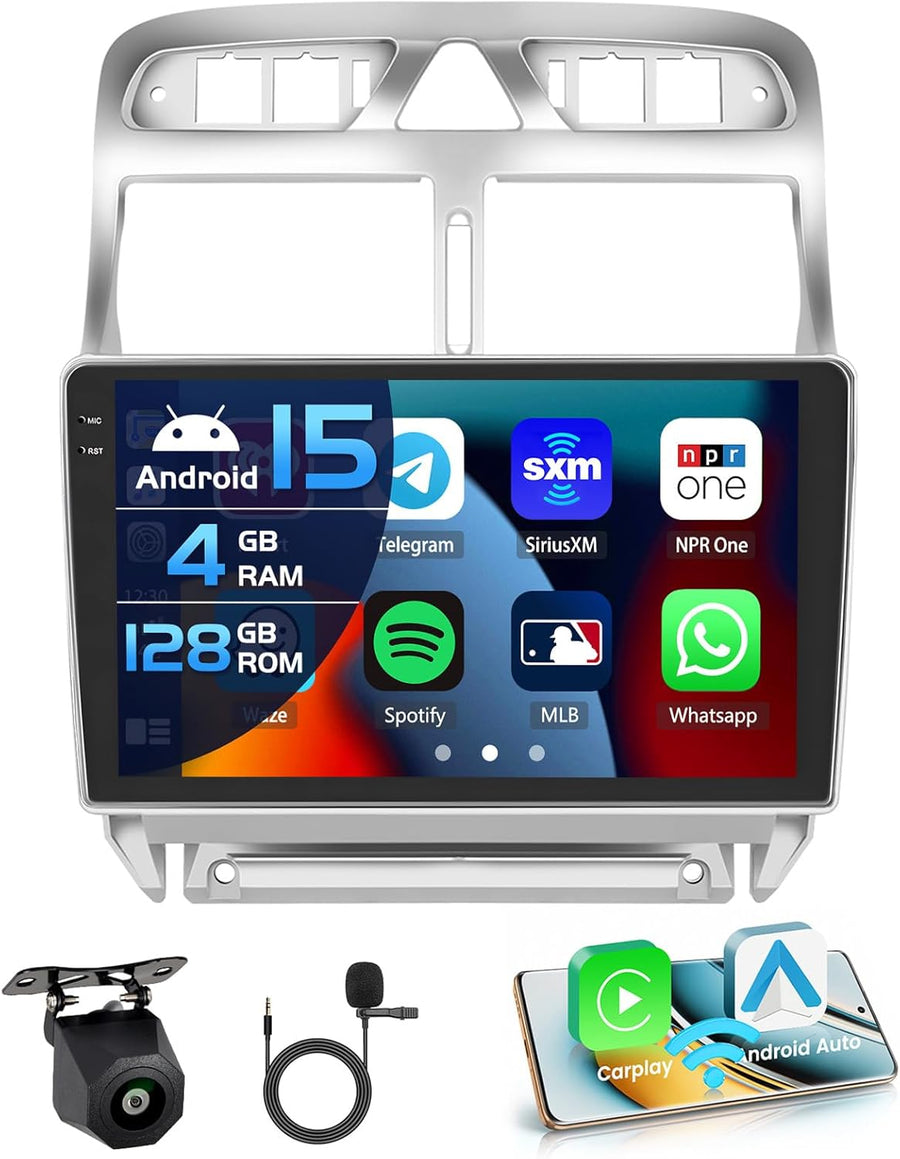 Autoradio 4+128G Android 15 pour Peugeot 307 307CC 307SW 2002-2013, 9'' In-Cell Bildschirm avec sans Fil Carplay et Android Auto Lien Miroir Radio FM/RDS GPS WiFi Bluetooth SWC Caméra de Recul