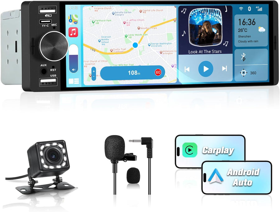 Autoradio 1 DIN avec Écran Tactile 6,36", Compatible CarPlay & Android Auto, Bluetooth, GPS, FM, Charge Type-C, 2 USB, Microphone, Égaliseur, Commandes au Volant