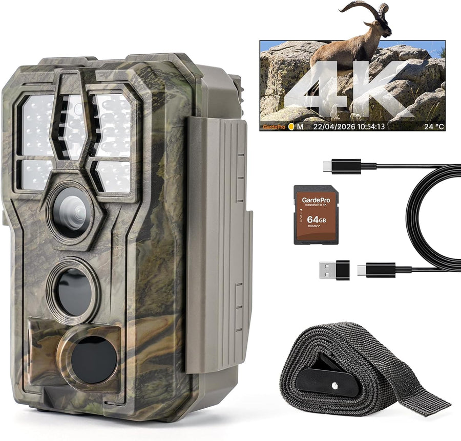 GardePro E5 2.0 Pro 4K Camera de Chasse, Carte SD de 64 Go, 64MP Caméra de Chasse, Camera Vision Nocturne Animaux Exterieur, Piege Photographique, Camera Detecteur de Mouvement