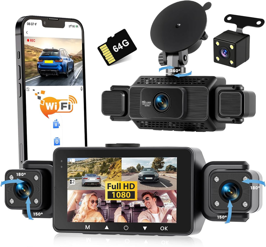 Dashcam Voiture 4 Canaux Avant/Arrière 1080P, Caméra Voiture WiFi avec Carte SD de 64 Go, écran IPS 3", Grand Angle, Vision Nocturne IR 8, Capteur G, Dash Cam Voiture avec Enregistrement en Boucle