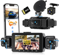 Dashcam Voiture 4 Canaux Avant/Arrière 1080P, Caméra Voiture WiFi avec Carte SD de 64 Go, écran IPS 3