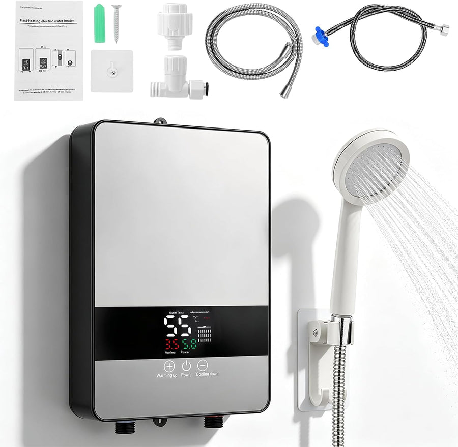 Mini chauffe-eau instantané 6000 W 230 V sous table, contrôle électronique de la température 30-55 °C, écran tactile LED, 8 protections de sécurité, compact pour cuisine, douche, salle de bain