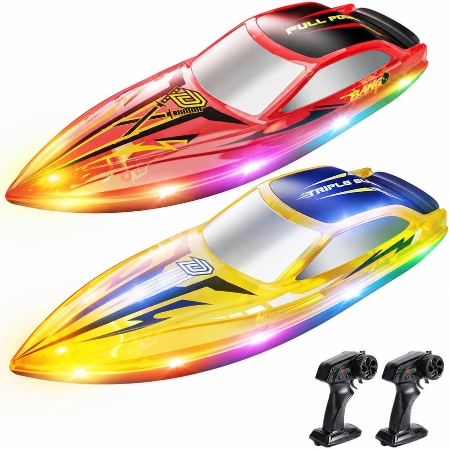 Jouet Lot de 2 Bateau Télécommandé Enfants, Bateau RC Rapide avec 4 Batteries Rechargeables, Jusqu'à 120 Min d'Autonomie, 7 Modes d'Éclairage LED, Redressement Automatique, 2,4 GHz Piscine et Lac