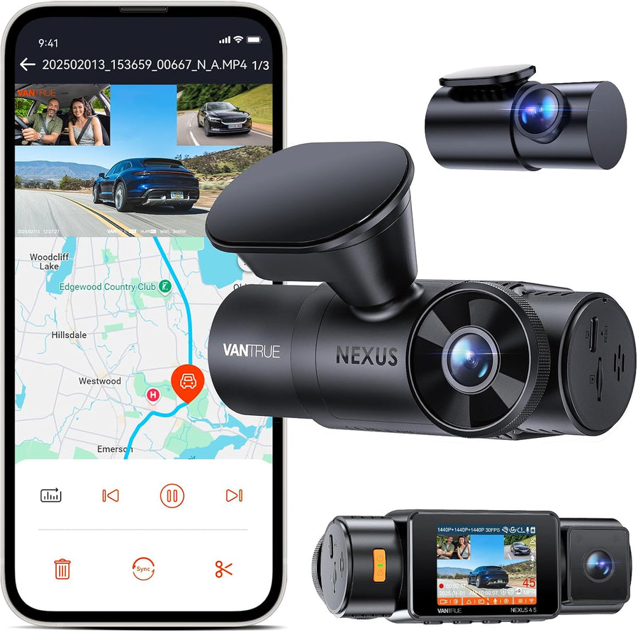 VANTRUE N4S Dashcam Voiture 3 Canaux 2.7K+2.5K+2.5K Avant Intérieur Arrière STARVIS 2, HDR, Vision Nocturne IR, WiFi 5GHz, GPS, Commande Vocale Français, Pré-enregistrement 15s, Compatible 1To, N4SRC18