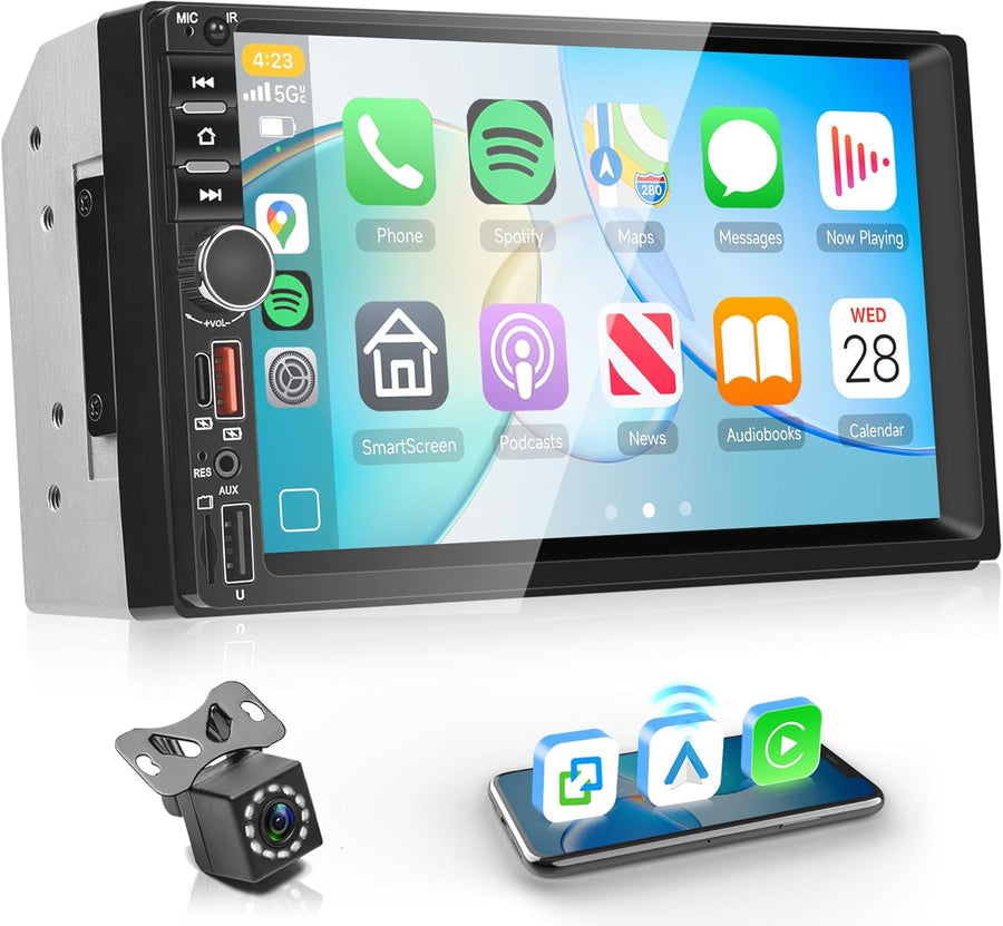 Carplay Autoradio 2 Din avec You-Tube Android Auto, 7 Pouces Écran Tactile Autoradio Double Din avec iOS/Android Mirror Link Bluetooth FM Radio USB/EQ/AUX Commande au Volant Caméra de Recul