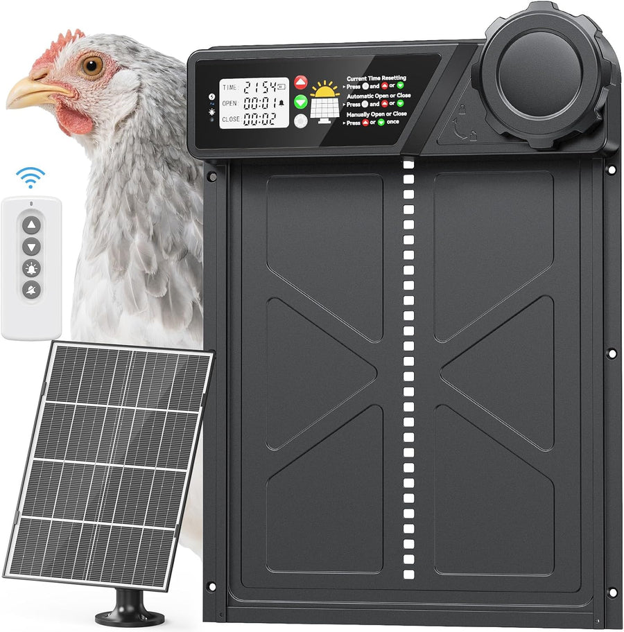 Grande Porte Automatique Poulailler Solaire, Porte Automatique Poulailler en Aluminium avec Minuterie, Télécommande, Fonction Anti-pincement, Écran LCD Étanche