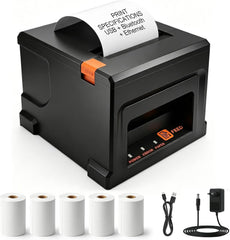 Imprimante de reçus 80 mm - Imprimante d'étiquettes d'expédition - USB & Bluetooth & LAN - 220 mm/s - Avec 5 rouleaux de papier - Pour restauration et vente au détail, prise en charge ESC/POS