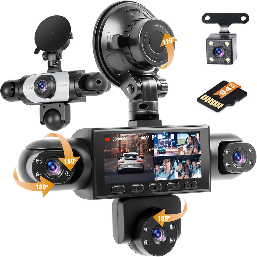Dashcam 360° 5 Canaux 1080P Carte SD 64 Go Avant Arrière Intérieur. G-Sensor. Vision Nocturne. Grand Angle. Enregistrement en Boucle