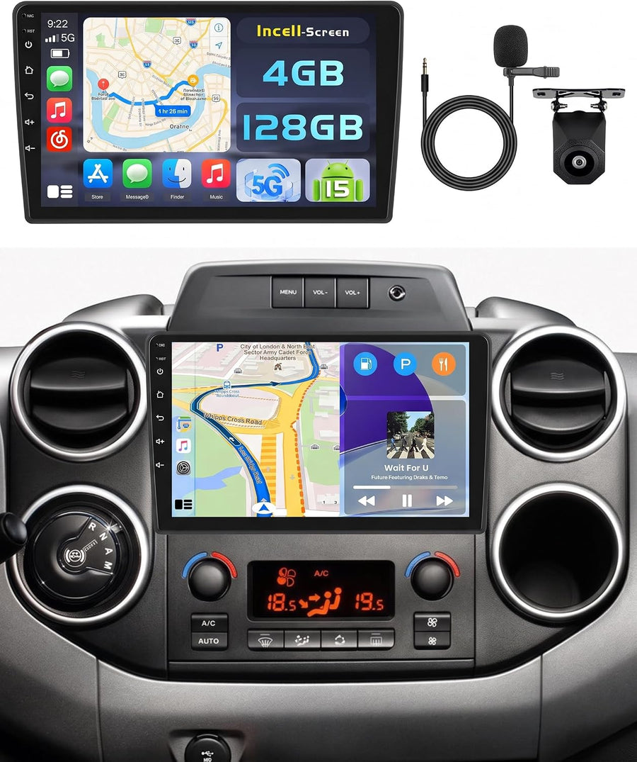 Autoradio 4+128GB Android 15 pour Citroen Berlingo 2008-2017/ Peugeot Partner 2008-2019, Écran Incell 9 Pouces HD, CarPlay sans Fil & Android Auto, GPS, Caméra de Recul et Micro Offerts