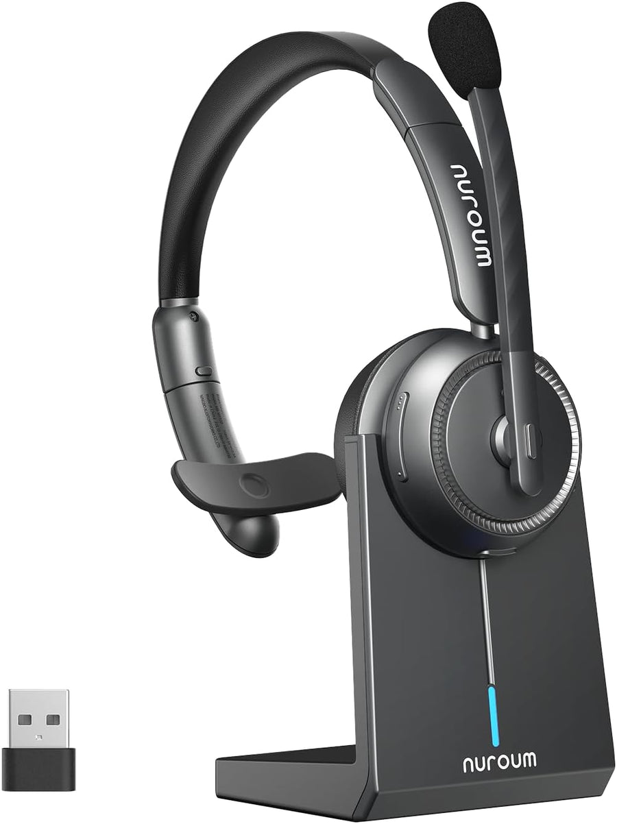 Nuroum HP31S 2026 Casque Bluetooth Sans Fil avec Micro, Réduction de Bruit ENC, Casque PC Mono avec Station de Charge,Clé USB-A&C/Bluetooth/Dongle,45H d'Autonomie pour CallCenter/Travail/Appels/Bureau