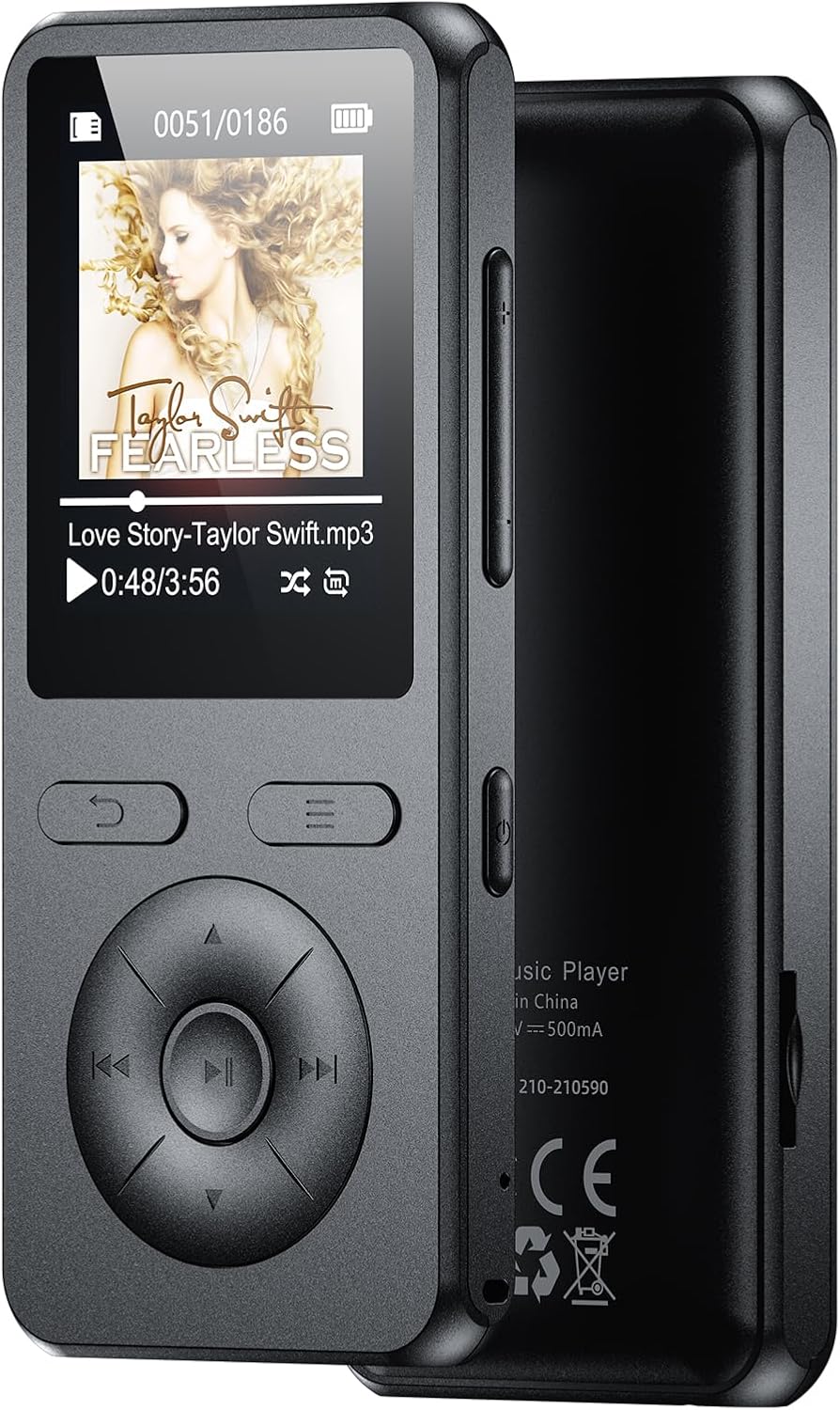 Lecteur MP3 64Go avec Bluetooth 5.3, Haut-Parleur intégré, Bouton Physique lecteur de musique portable, qualité sonore HiFi, fonction d'enregistrement radio FM,Carte mémoire extensible jusqu'à 128 Go