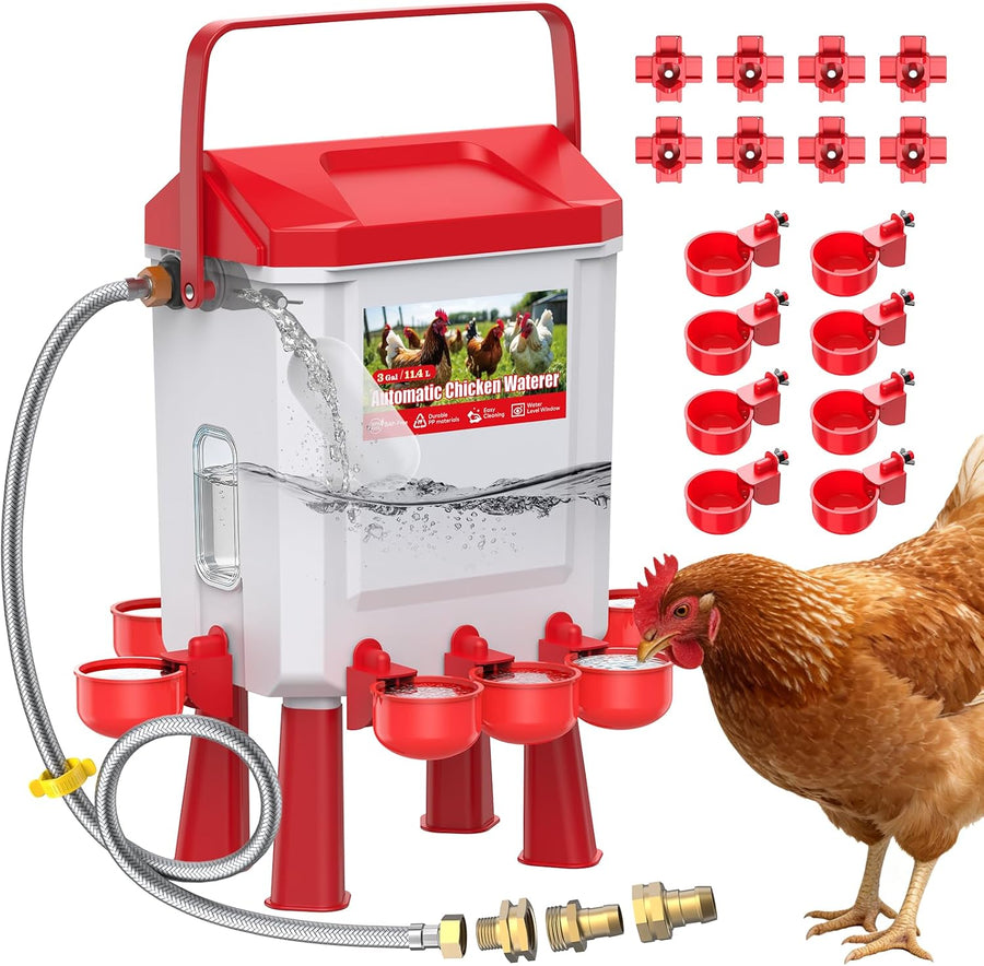 Abreuvoir Poules Automatique 10 litres avec Pieds, 8 Bols, Flotteur Filtré Contrôlé