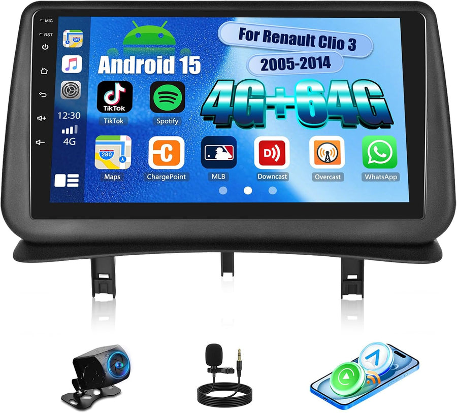 Autoradio 4 Go + 64 Go Android 15 pour Renault Clio 3 2005-2014 avec CarPlay Android Auto Mirror Link – Écran Tactile 9 Pouces Voiture, WiFi Bluetooth 5.0 FM/RDS 32EQ USB avec Caméra de recul