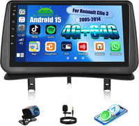Autoradio 4 Go + 64 Go Android 15 pour Renault Clio 3 2005-2014 avec CarPlay Android Auto Mirror Link – Écran Tactile 9 Pouces Voiture, WiFi Bluetooth 5.0 FM/RDS 32EQ USB avec Caméra de recul