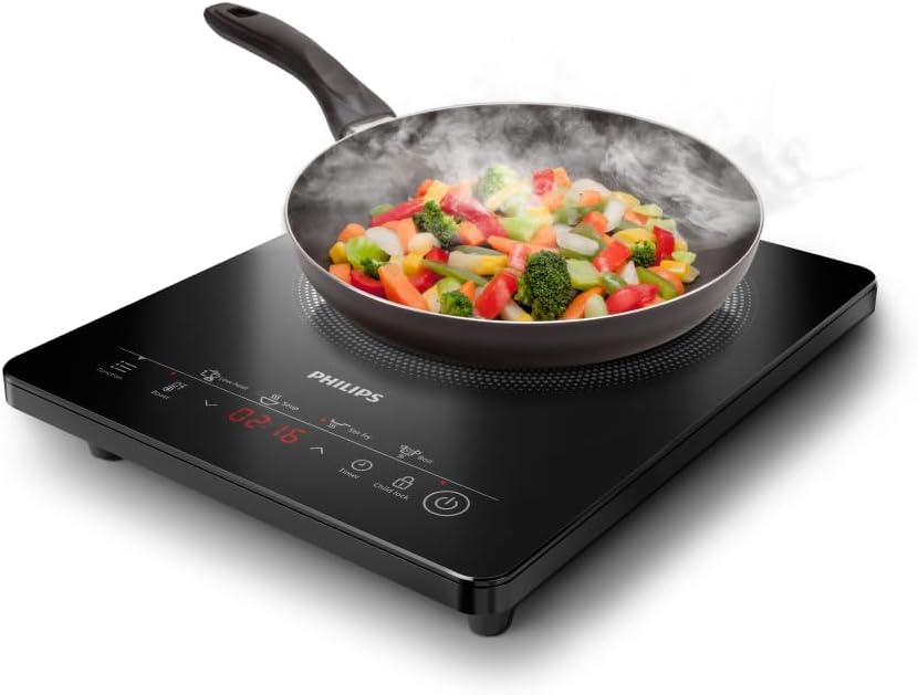 Philips Plaque à induction Série 3000 - Plaque électrique portable, 8 niveaux de chauffe, 4 programmes de cuisson, puissance élevée de 2000W, avec arrêt automatique, Écran tactile (HD5830/90)