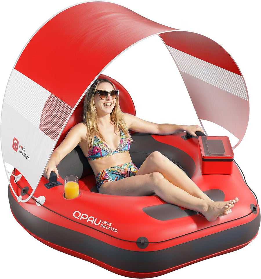Tube de rivière gonflable de 116,8 cm avec auvent pare-soleil amovible, tube flottant robuste pour adultes, repose-jambes et dossier ergonomiques, sac imperméable et porte-gobelets ROUGE