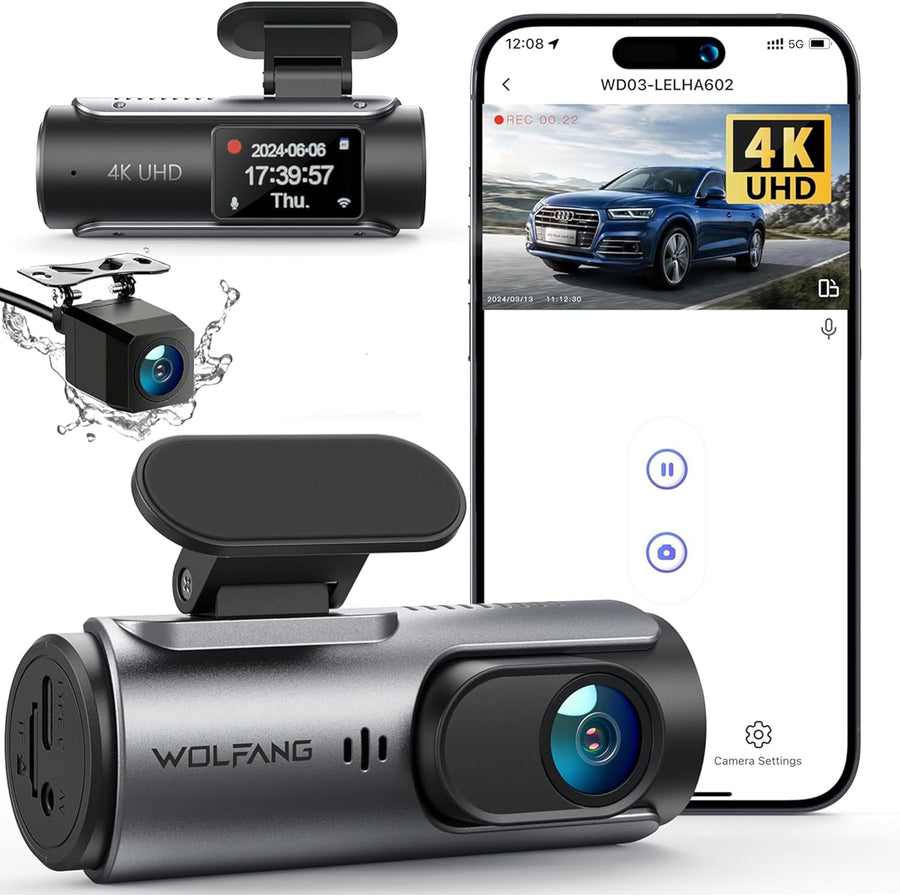 Dashcam 4K Voiture Avant Arrière, Wi-FI Caméra Voiture, Grand Angle 170° G-Capteur, Caméra Embarquée Voiture avec Mode Stationnement 24H, Vision Nocturne, Enregistrement en Boucle