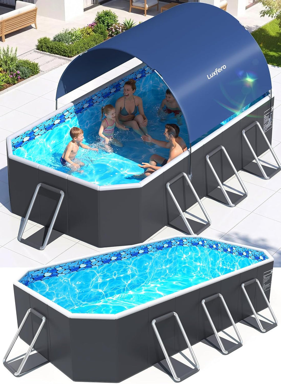 Piscine Rectangulaire Tubulaire avec Auvent, Piscine hors sol Pliable Grande, Metal Frame Piscine Tubulaire Épaissi, Facile à Ranger&Épuisement Piscine pour Jardin et Famille,228 x 127 x 50 cm