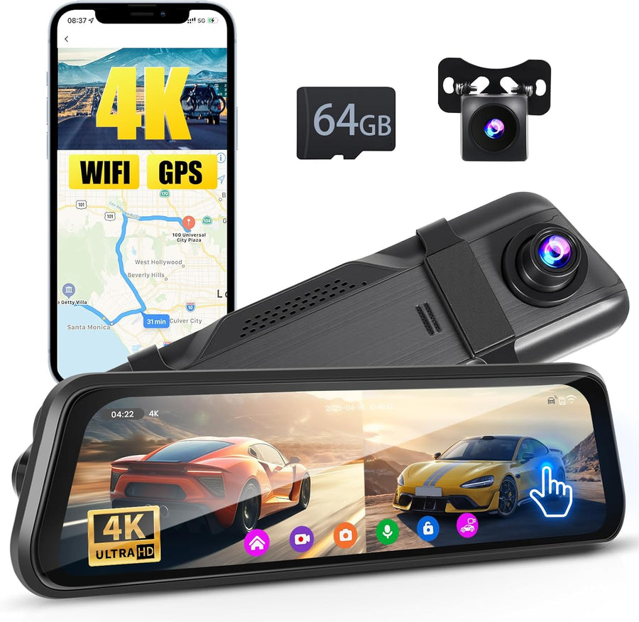 DashCam 4K Wifi Miroir avec GPS & 9.66" Écran Tactile, Dashcam Voiture 4K Avant+1080P Arriere, Dashcam Rétroviseur Caméra pour Voiture avec Capteur G, APP, Carte 64 Go, ADAS, Vision Nocturne
