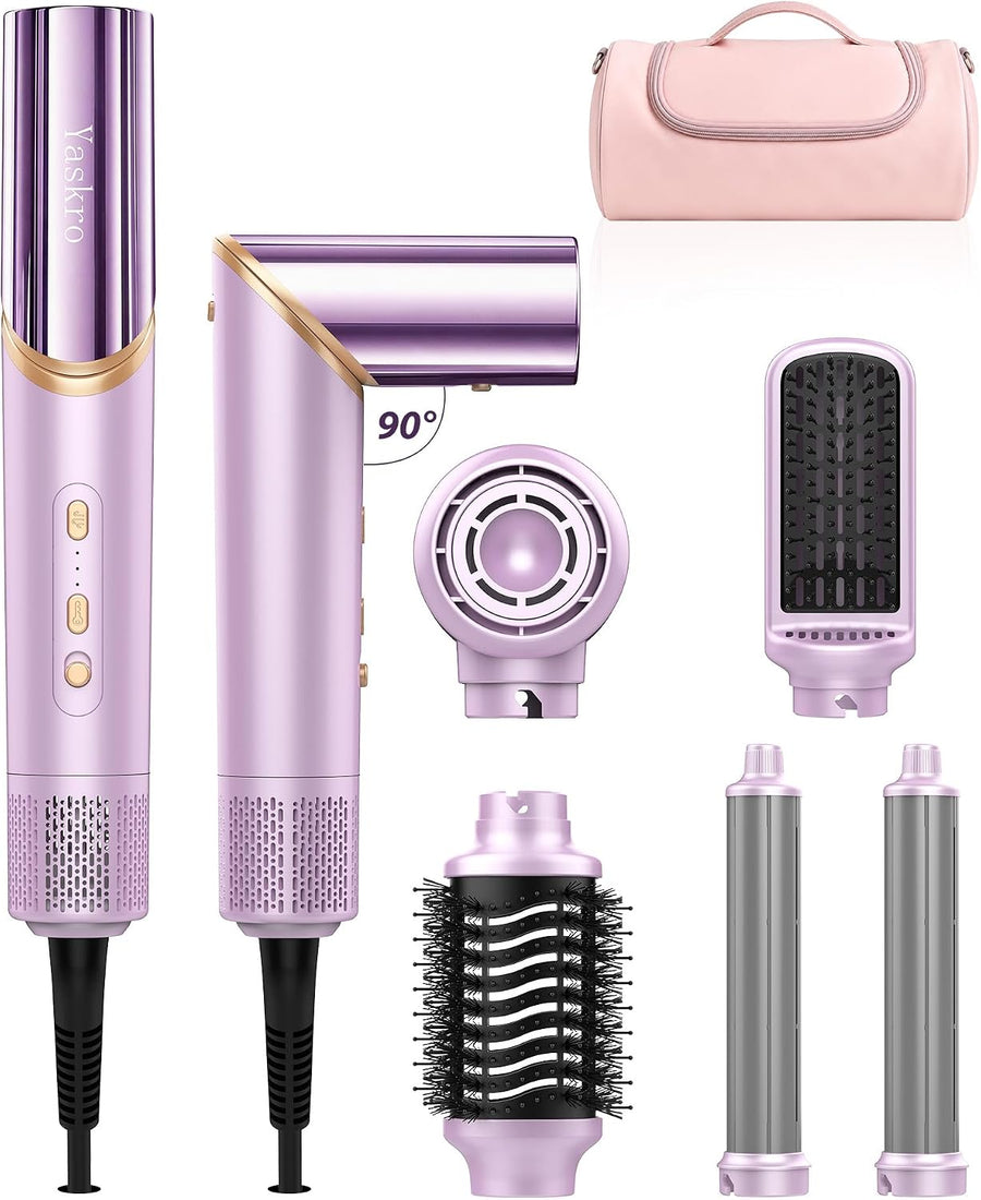 Brosse soufflante 6-en-1 & sèche-cheveux ionique, moteur haute vitesse 110 000 tr/min avec boucleurs automatiques, embouts amovibles et poignée rotative 90° pour sécher, boucler, lisser et volumiser