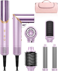 Brosse soufflante 6-en-1 & sèche-cheveux ionique, moteur haute vitesse 110 000 tr/min avec boucleurs automatiques, embouts amovibles et poignée rotative 90° pour sécher, boucler, lisser et volumiser