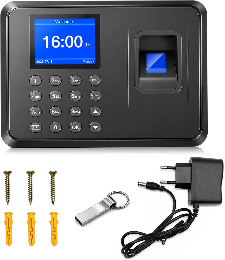 Pointeuse Horaire Personnel pour Petites Entreprises avec Clé USB Pointeuse Biométrique à Empreinte Digitale et Mot de Passe Jusquà 1000 Utilisateurs et 12 Langues, Sans WiFi, 0 Frais Mensuel