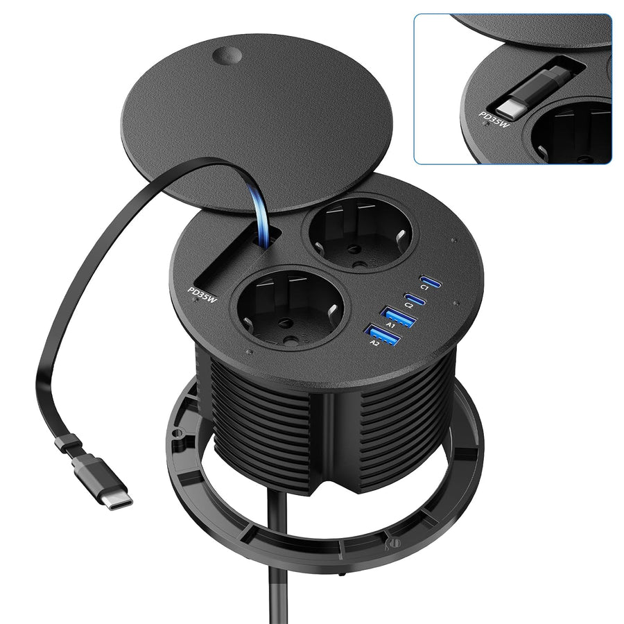 Multiprise Encastrable avec Câble USB-C Rétractable PD 35W, Noir | Prise Encastrable Plan de Travail, 2 USB-C, 2 USB-A, 1,8M Câble, Bloc Prise Escamotable avec Couvercle, Découpe Ø100 mm