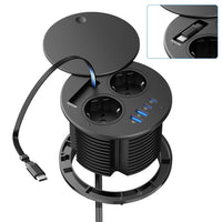 Multiprise Encastrable avec Câble USB-C Rétractable PD 35W, Noir | Prise Encastrable Plan de Travail, 2 USB-C, 2 USB-A, 1,8M Câble, Bloc Prise Escamotable avec Couvercle, Découpe Ø100 mm