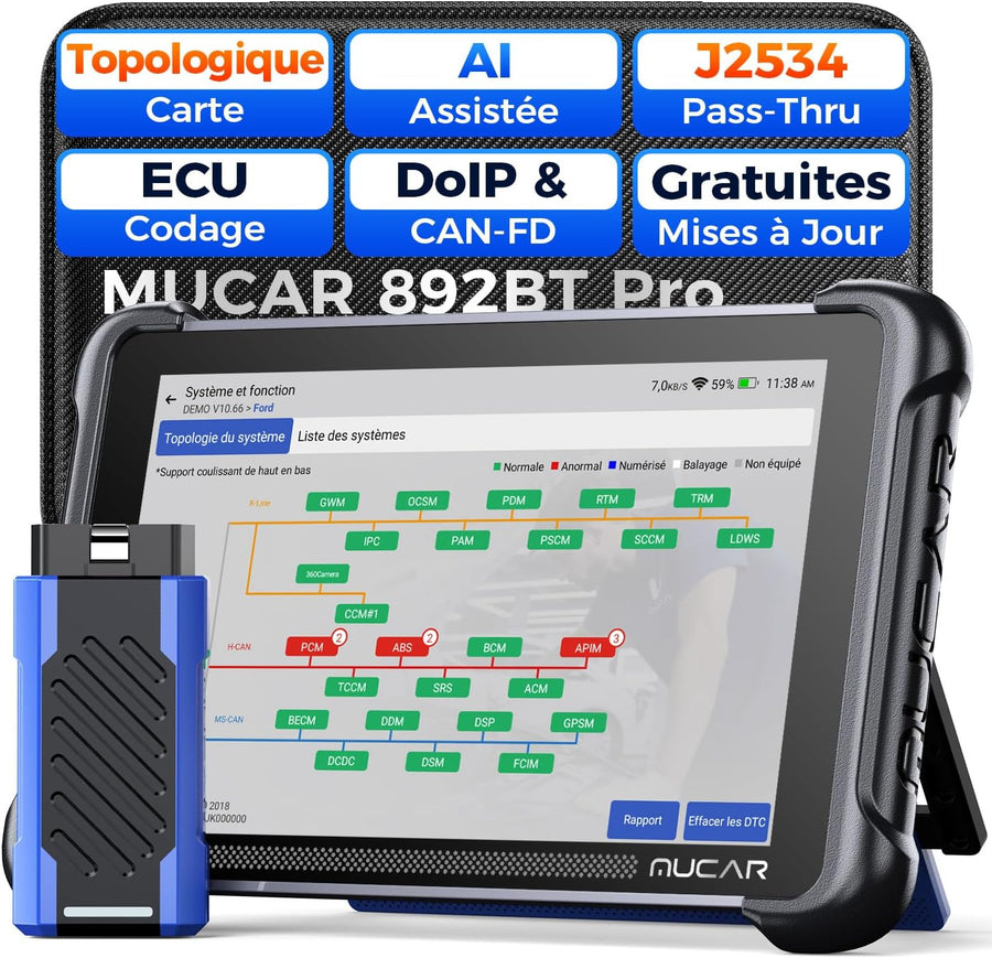 Mucar 892BT Pro Valise Diagnostic Auto avec Cartographie Topologique, AI Version Professionnelle 892BT, Assisté par IA, J2534 Protocole, 4000+ Tests Actifs, Codage ECU, 35+ services, Gratuit à Vie