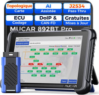 Mucar 892BT Pro Valise Diagnostic Auto avec Cartographie Topologique, AI Version Professionnelle 892BT, Assisté par IA, J2534 Protocole, 4000+ Tests Actifs, Codage ECU, 35+ services, Gratuit à Vie
