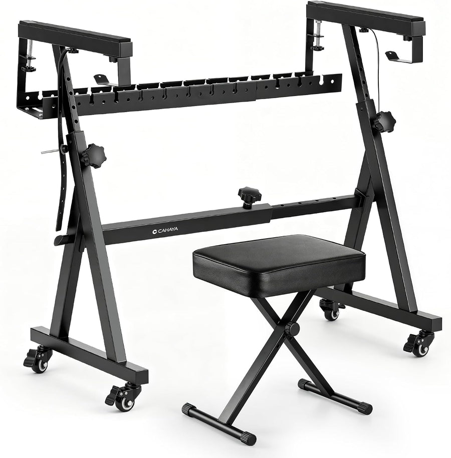 Support Clavier en Z avec Banc, Support Piano Numérique Réglable, panier de rangement intégré, très stable, roulettes verrouillables, montage facile