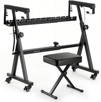 Support Clavier en Z avec Banc, Support Piano Numérique Réglable, panier de rangement intégré, très stable, roulettes verrouillables, montage facile