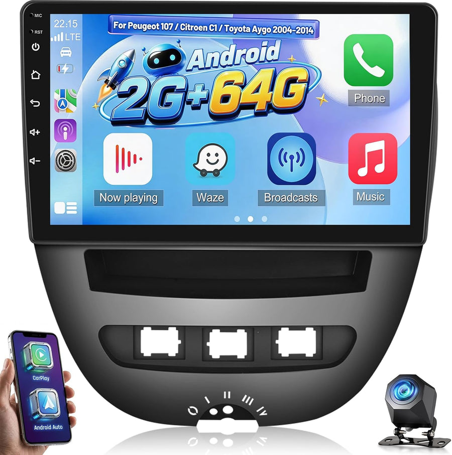 Autoradio 2+64 Go pour Peugeot 107 / Citroën C1 / Toyota Aygo (2004-2014). Compatible CarPlay, Android Auto, vidéo en ligne, navigation GPS et commandes au volant. 40 thèmes d'interface