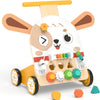 Chariot de Marche en Bois Chien avec Cube d'Activités 6 en 1 Centre d'activités 6 en 1 avec labyrinthe, engrenages, formes, horloge et spinner pour varier les jeux