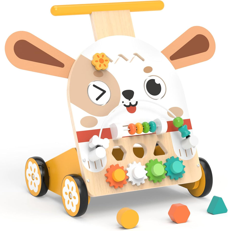 Chariot de Marche en Bois Chien avec Cube d'Activités 6 en 1 Centre d'activités 6 en 1 avec labyrinthe, engrenages, formes, horloge et spinner pour varier les jeux