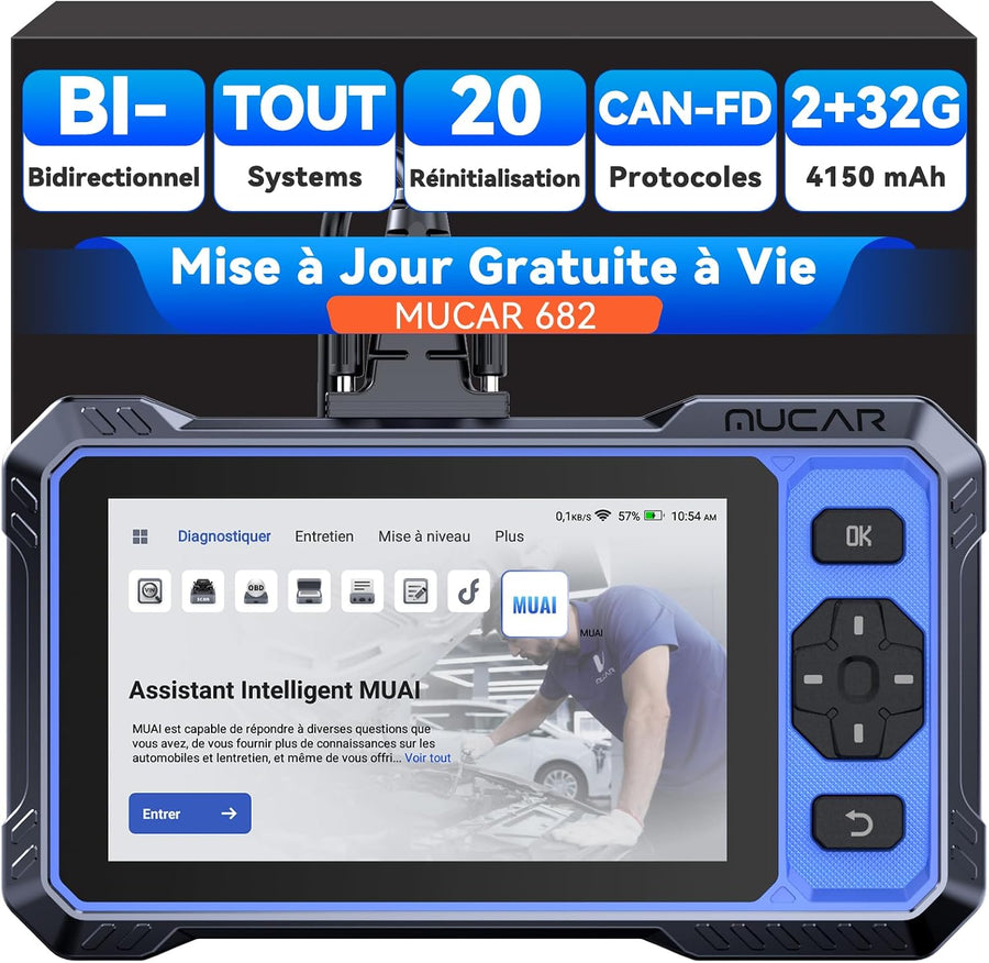 mucar 682 Diagnostic Intelligent par IA Valise Diagnostic Auto, Diagnostic Complet du Système, Tests Actifs Bidirectionnels, 20 Réinitialisations, Guide V.A.G, FCA AutoAuth, CANFD&DOIP, Gratuit à Vie