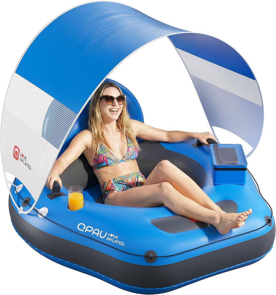 Tube de rivière gonflable de 116,8 cm avec auvent pare-soleil amovible, tube flottant robuste pour adultes, repose-jambes et dossier ergonomiques, sac imperméable et porte-gobelets BLEU