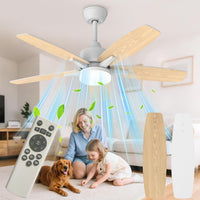Ventilateur de Plafond avec Lumière et Telecommande, 106cm LED Lampe Ventilateur Plafond Dimmable Lampe Intégrée, 6 Vitesses, Silencieux Pales Effet Bois (Blanc+bois Clair)