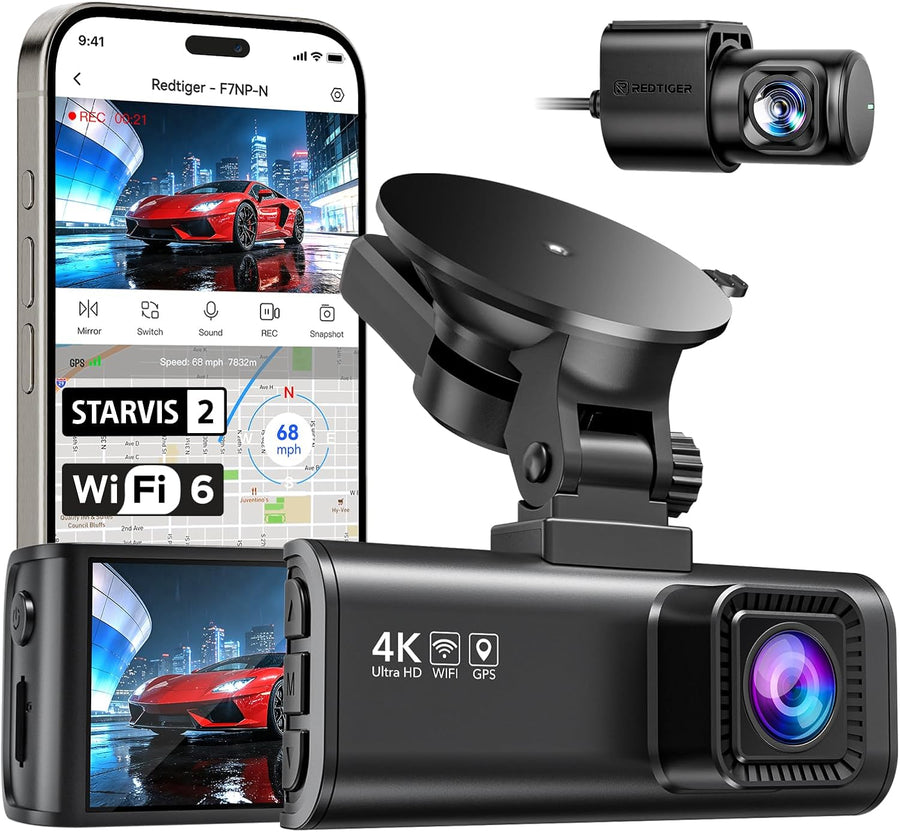 Caméra de tableau de bord de voiture avant et arrière 4K/2,5K avec STARVIS 2, écran IPS 3,18", WiFi 5,8 GHz, GPS, grand angle WDR 170°, sans carte SD, prend en charge 512 Go max (F7NP-N)
