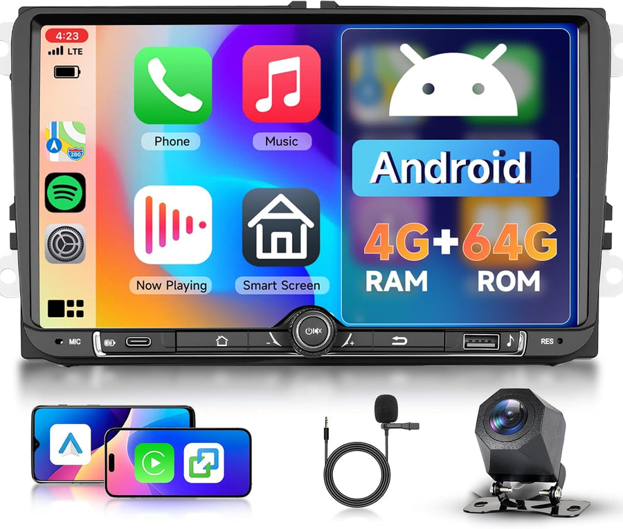 Autoradio Android 4G+64GB pour VW Seat Altea Toledo Leon Skoda Fabia Passat Radio CarPlay Android Auto sans Fil, 9 Pouces Écran Tactile Radio 2 DIN GPS, WiFi, DSP FM/RDS Bluetooth+ Caméra