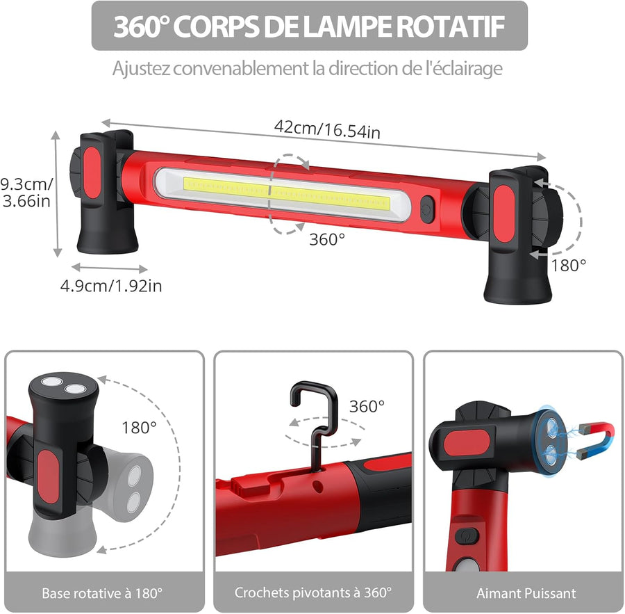 Lampe de Travail LED Rechargeable 6000 mAh 3000 LM Lampes d'Inspection avec Aimant et Crochet Lampe Pivotante pour Réparation Automobile avec 3 Modes de Luminosité