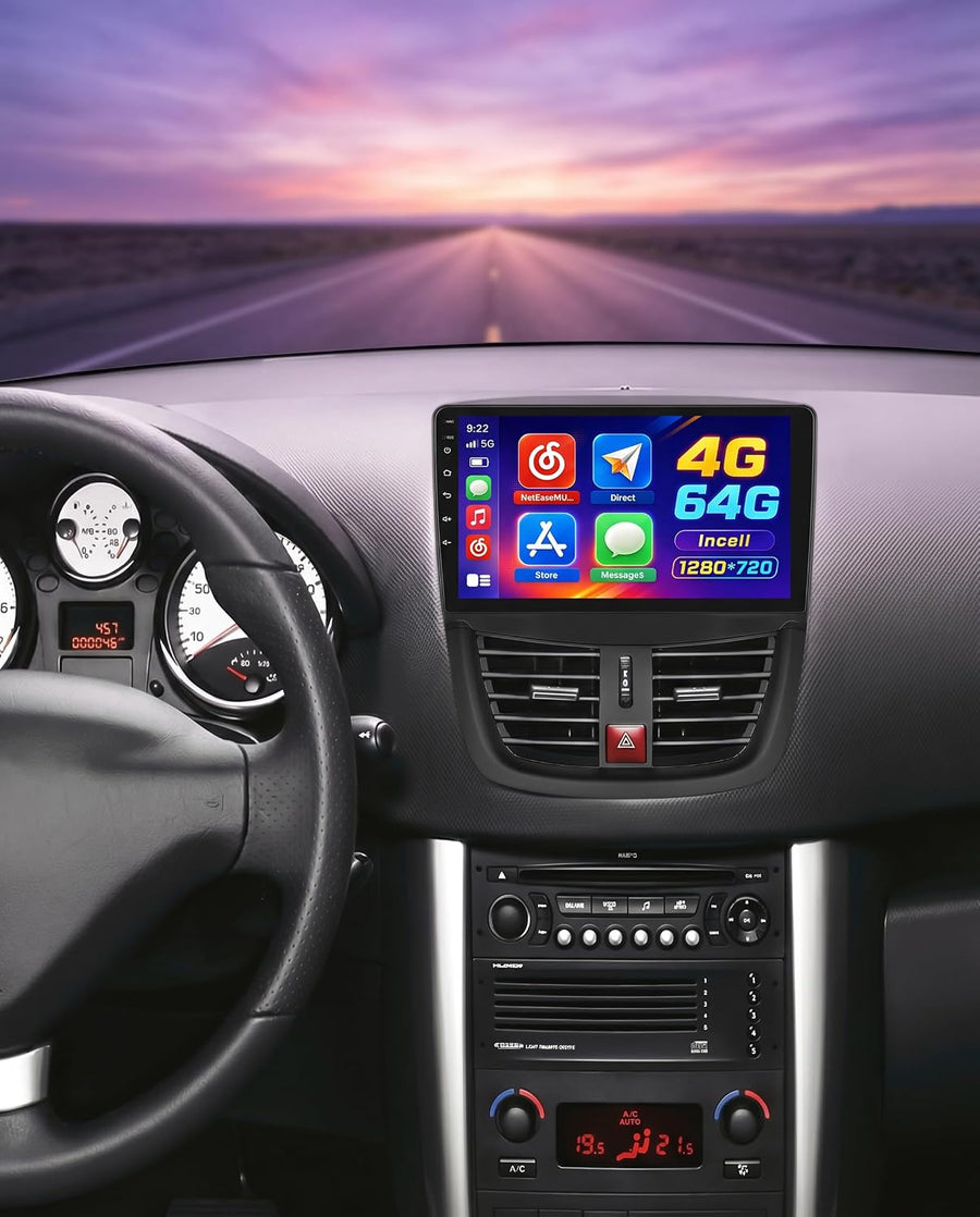 Autoradio 4+64G pour Peugeot 207 2006-2015 avec CarPlay Android Auto | 9" Incell Android 15 Radio avec FM RDS EQ Bluetooth Navigation GPS Sortie Vidéo Split-Screen SWC USB WIFI Caméra Microphone