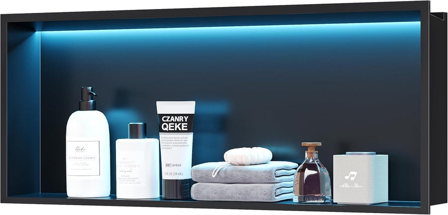 Douche-Niche Inox avec Lumière RGB, Étagères Encastrées avec LED RVB, Pas Besoin de Carrelage Niche Salle de Bain, Couche Unique, 75CM, Noir