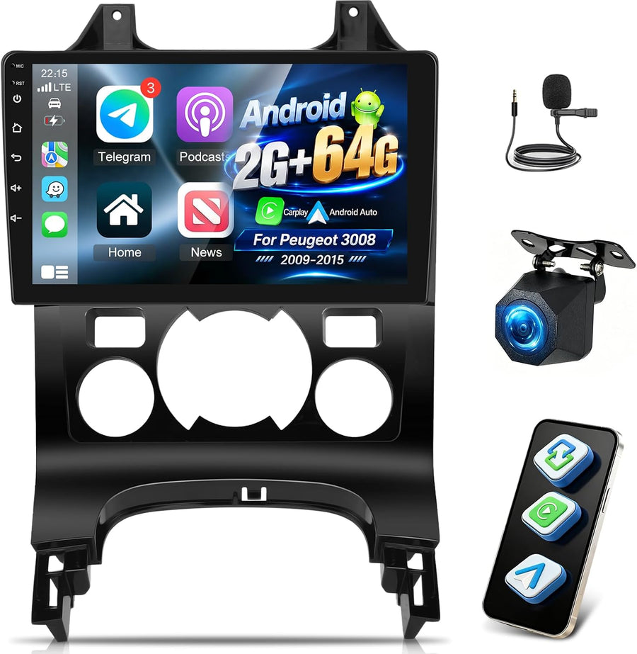 Autoradio 2+64G pour Peugeot 3008 2009-2015 sans Fil Carplay Android Auto Écran Tactile HD de 9 pouces avec GPS/WiFi/Bluetooth/EQ/FM RDS