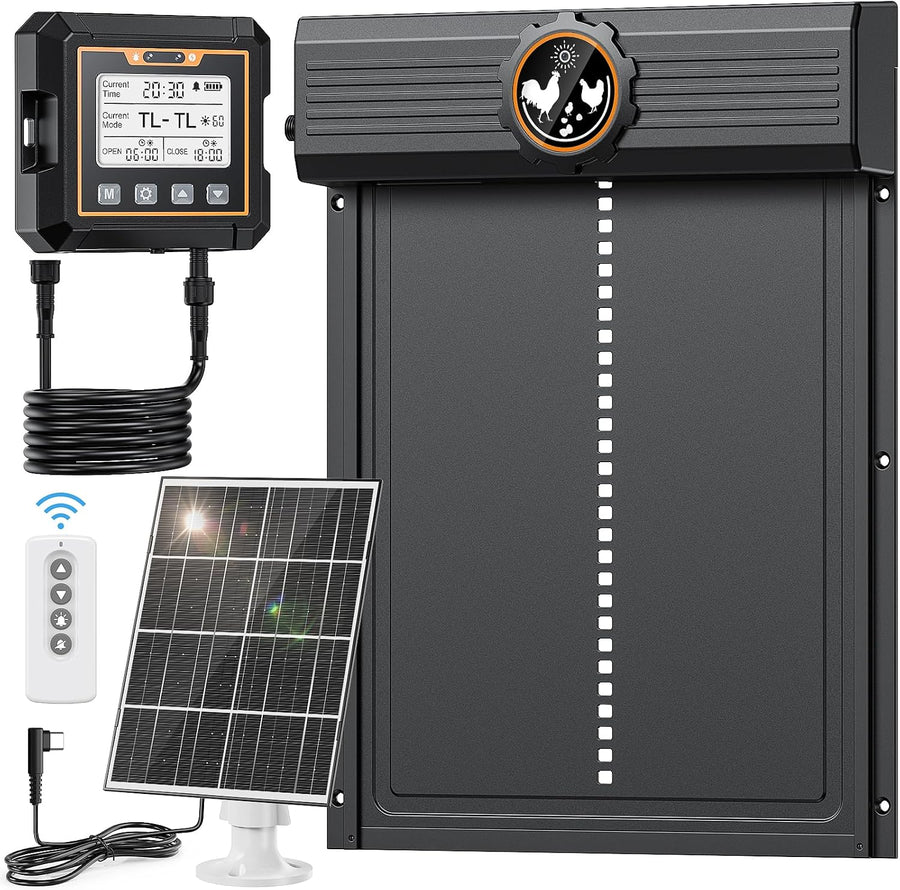Grande Porte Poulailler Automatique Solaire avec avec Écran LCD Externe Capteur de Lumière, Minuterie, Télécommande, Fonction Anti-pincement, Aluminium, Étanche IP65, Ouverture 28.5 x 24 cm
