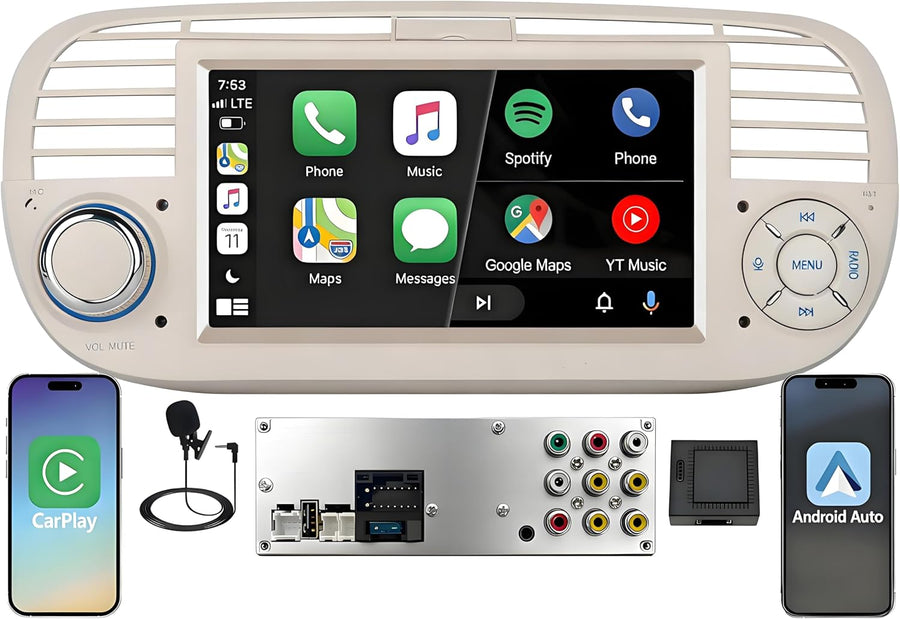 Autoradio pour Fiat 500 2013-2020,Linux,démarrage 2s,Écran Fiat 500 Compatible avec Le contrôle au Volant,CarPlay/Android Auto sans Fil,Radio RDS,DSP,4x45W,Bluetooth,Canbus,USB,1-DIN,Plug&Play-Beige