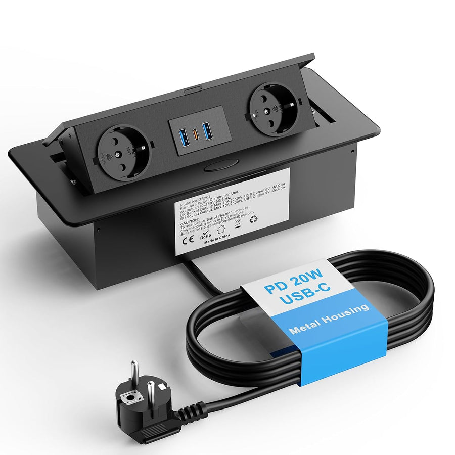 Prise Encastrable Plan de Travail, USB-C PD 20W, 2 Prises, Noir Multiprise Encastrable 2 prises, USB-C PD 20W, 2 USB-A 18W, boîtier métal, pour bureau, table de réunion et plan de travail
