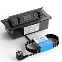 Prise Encastrable Plan de Travail, USB-C PD 20W, 2 Prises, Noir Multiprise Encastrable 2 prises, USB-C PD 20W, 2 USB-A 18W, boîtier métal, pour bureau, table de réunion et plan de travail