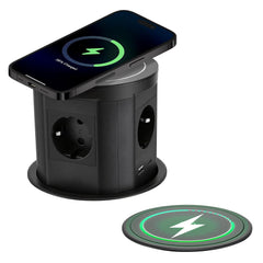 Bloc Prise Encastrable Automatique, Prise Encastrable Plan de Travail avec Chargeur Sans Fil 15 W, D 117 mm, Prise de Table Escamotable 3 Prises avec 1 USB C 1 USB A - Prise de Table Rétractable
